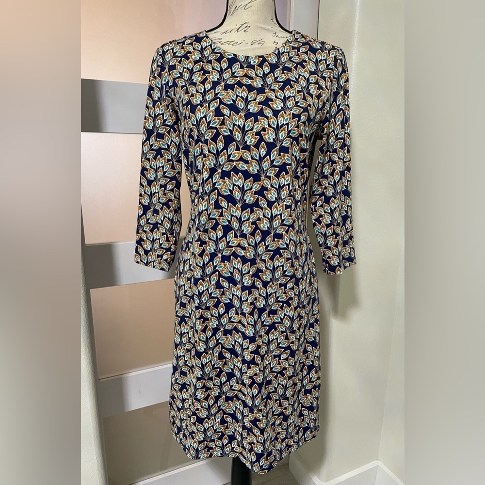 J. McLaughlin Navy & Tan Floral Print 3/4 Sleeve Nylon Blend Shift Dre…